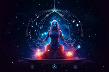 The female image of the zodiac sign Libra. Astrological Generative AI illustration. Abstract space, constellations, stars, dark sky background