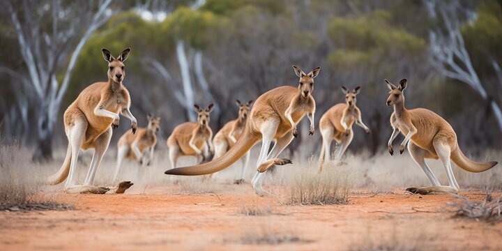 A group of kangaroos hopping through the australian outback, concept of Wildlife migration, created with Generative AI technology