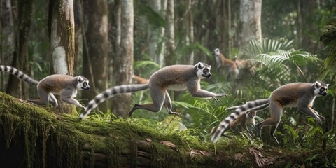 A group of lemurs climbing and leaping through a tropical rainforest, concept of Primate behavior, created with Generative AI technology