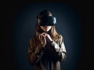 A girl wearing VR box, meta verse concept.