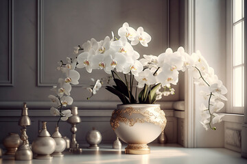 White Phalaenopsis orchid in a beautiful vase on a table in a classic interior. Generative AI	