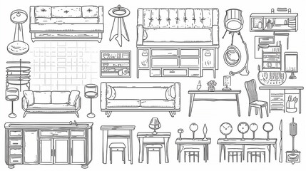 Furniture set. Interior, furniture and plants. Black and white illustration, living or bedroom object set. Generative AI