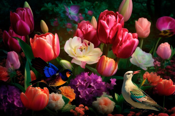 Obraz na płótnie Canvas Beautiful garden with blooming tulips and birds. Still life in the Dutch style. Generative AI 