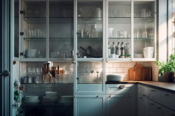 Gray kitchen, glass cabinet with clean dishes and decor. Scandinavian style kitchen interior. Organization of storage in kitchen. Generative AI