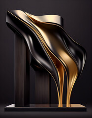 Cosmetic product presentation, black and gold background with podium and abstract waving shapes, 3d render 