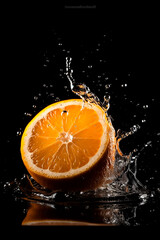 Fototapeta na wymiar Bright juicy orange with splashes of water on a black background. Generative AI 