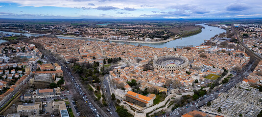 Aerial view of the old town of Arles on a sunny day on a late afternoon in spring.