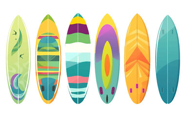 ui set vector illustration of colorful surfboard ready for beach vacation isolated on white background - obrazy, fototapety, plakaty