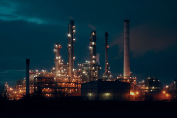 Fototapeta premium Night view of production, plant, factory with brightly lit smoking chimneys. 