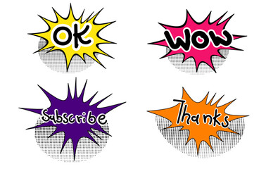 Exclamation texting comic signs on speech bubbles. Cartoon crash, ok, thanks,subscribe and wow comic sign vector set