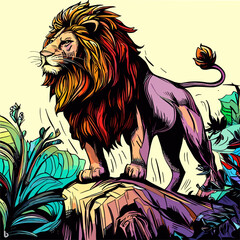Colored vector  inked style lion wall art © eLifeS