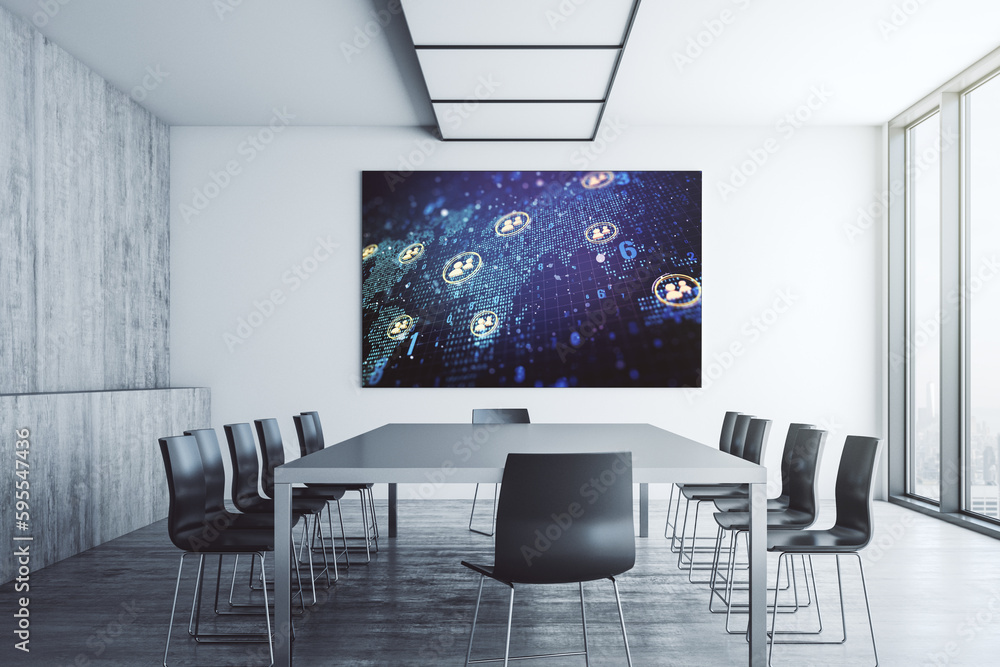 Poster Social network icons concept and world map on presentation tv screen in a modern meeting room. Marketing and promotion concept. 3D Rendering