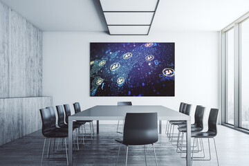 Social network icons concept and world map on presentation tv screen in a modern meeting room. Marketing and promotion concept. 3D Rendering