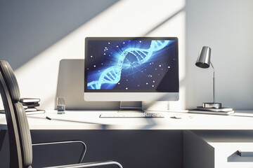 Creative concept with DNA symbol illustration on modern laptop screen. Genome research concept. 3D Rendering