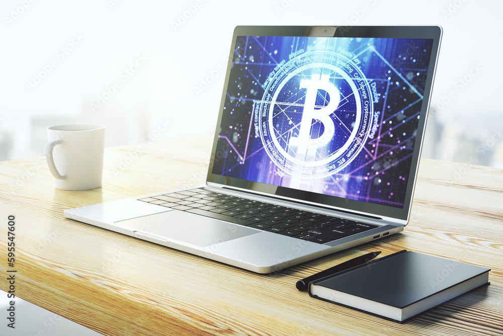 Poster Creative Bitcoin concept on modern computer monitor. 3D Rendering