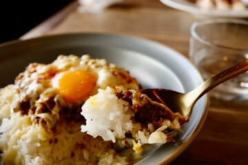 卵黄をのせた日本のチーズドライキーマカレー