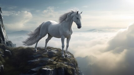 Naklejka na ściany i meble A white pegasus unicorn is perched on a cliff high above the clouds. Generative AI