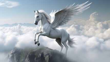 Naklejka na ściany i meble A white pegasus unicorn is perched on a cliff high above the clouds. Generative AI