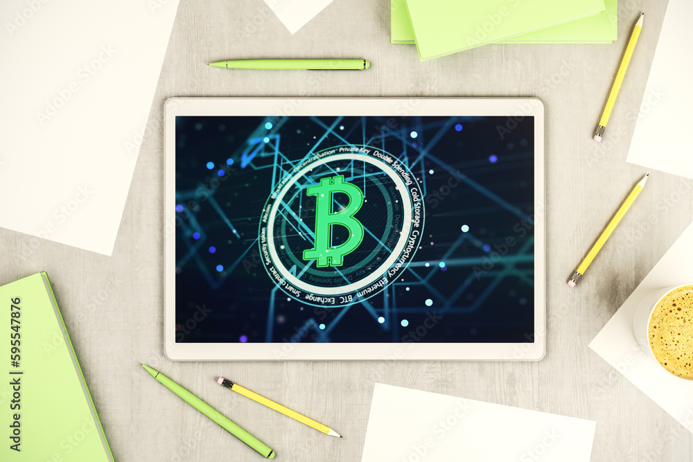 Poster creative bitcoin concept on modern digital tablet screen. top view. 3d rendering