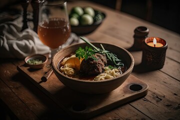 big meatball in a wooden bowl. Illustration. Generative AI