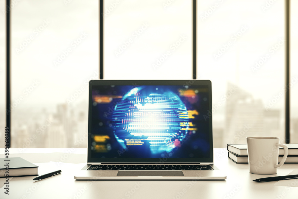 Poster abstract creative coding concept with world map on modern laptop screen. 3d rendering