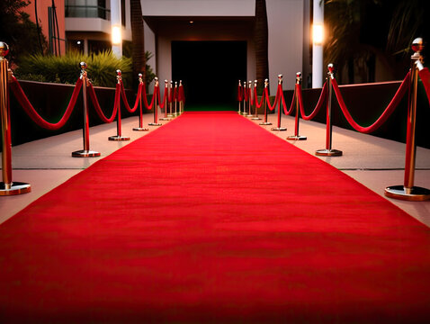3D render of Long red carpet between rope barriers, Realistic red carpet and pedestal. Generative AI