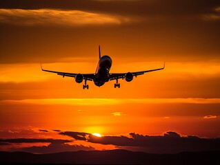 Fototapeta na wymiar Commercial Plane Silhouetted Against the Vibrant Colors of a Stunning Sunset 