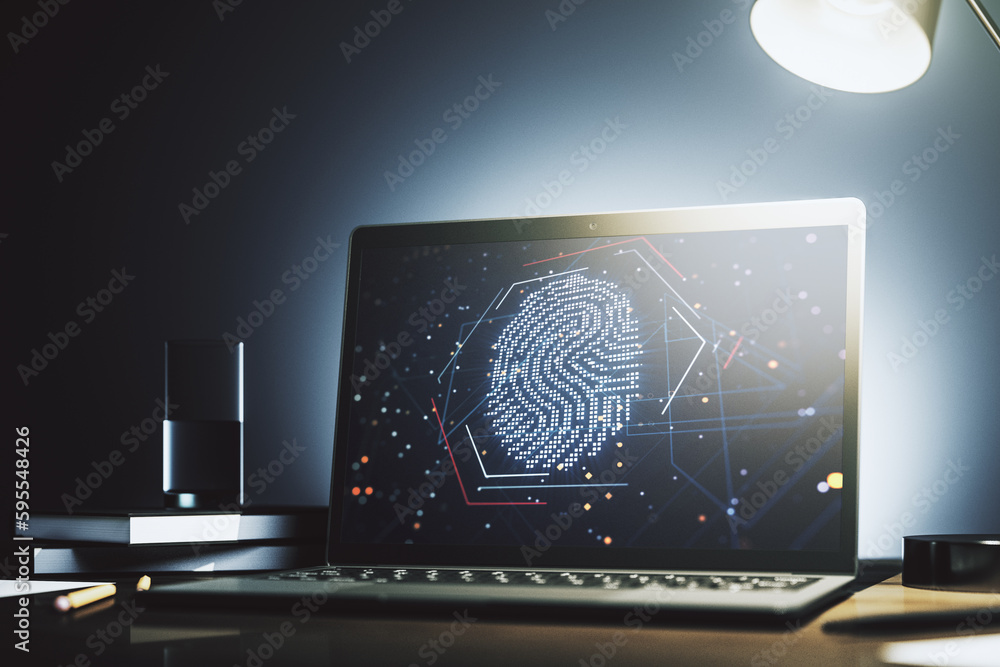 Poster Abstract creative fingerprint illustration on modern laptop monitor, digital access concept. 3D Rendering