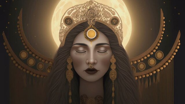 An image of an ancient princess with her eyes closed and the big full moon on the back AI generated