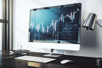 Computer monitor with abstract financial graph, finance and trading concept. 3D Rendering