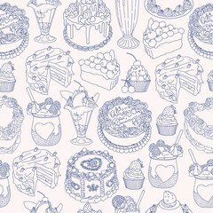 This is a blue and white pattern featuring various types of baked goods such as cakes, pies, tarts, and muffins arranged in a vector format. The bakery items are hand-drawn and have a sketchy style.