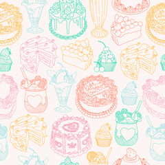 This is a rainbow pattern featuring various types of baked goods such as cakes, pies, tarts, and muffins arranged in a vector format. The bakery items are hand-drawn and have a sketchy style.