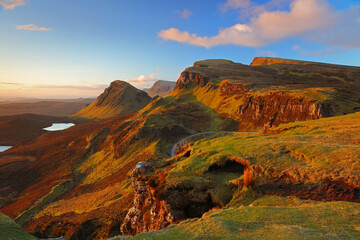 Morning sunlight on the Quiraing, Isle of Skye, Scotland, UK.