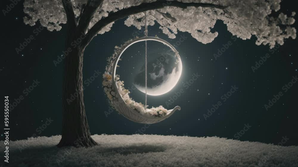 Wall mural the big moon and the crescent shape hammock under the tree on a dark moonlight ai generated