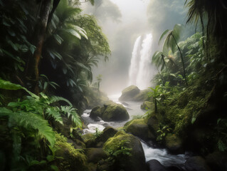 Lush Jungle Waterfall
A captivating photograph of a jungle waterfall surrounded by vibrant greenery and a refreshing mist