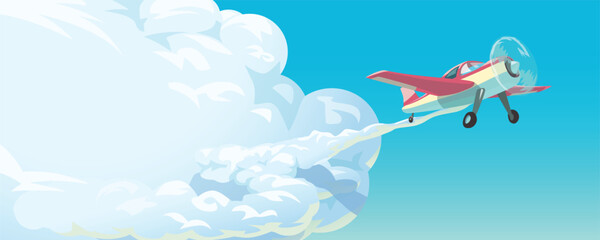 a red small airplane flying in clouds - 595550894