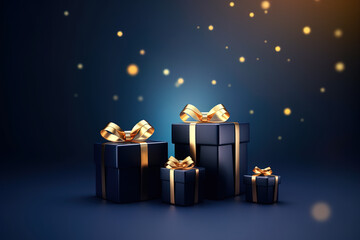 Dark blue gift boxes adorned with golden bows and ribbons, decorated with Xmas lights on a blue background. AI generative illustration to create a festive atmosphere.