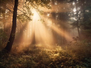 Foggy Forest Sunrise with Sunbeams
A high-resolution, mystical image of a foggy forest at sunrise, with sunbeams breaking through the trees and casting an ethereal glow