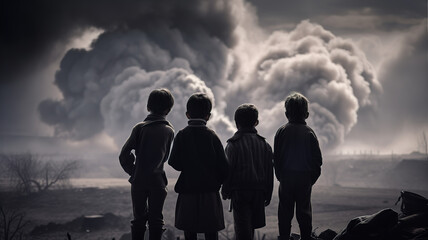 A group of children staring at the cruel war, Generative AI