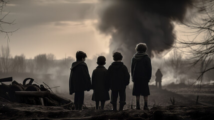 Fototapeta na wymiar A group of children staring at the cruel war, Generative AI