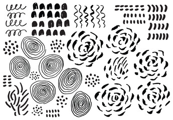hand drawn vector geometric doodles shapes and rose flower doodles elements set for trendy abstract neo memphis patterns and background