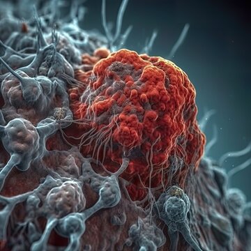 Macrophage cells, artificially colored immune cells at high magnification, AI generative illustration, imaginary electron microscopy visualisation