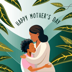 Mom hugs son vector flat with inscription happy mothers day