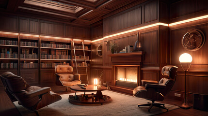 A living room filled with furniture and a fire place. AI generative. Norway house