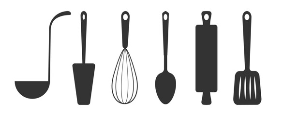 Set of black silhouettes kitchen tools fork spoon knife rolling pin ladle board for cutting culinary banner with place for your text vector illustration isolated on white background