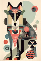 Wolf, Bauhaus style background, trendy 20s geometric design poster design, AI generative digital art.