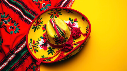 Traditional Mexican mariachi hat and a red and yellow blanket, background.