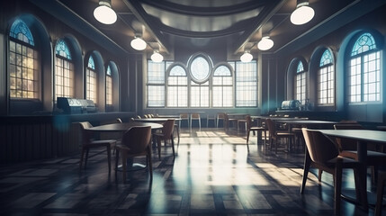 Fototapeta na wymiar A room filled with tables and chairs next to windows. AI generative. Dark academia style, victorian style mansion interior design with wooden stairs.