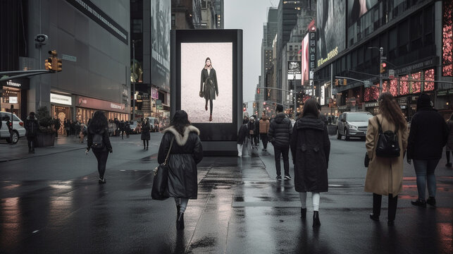 Mockup scene, populated city streets showcasing digital screens - Generative AI