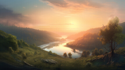 Digital painting landscape of sunset river with green hills - Generative AI